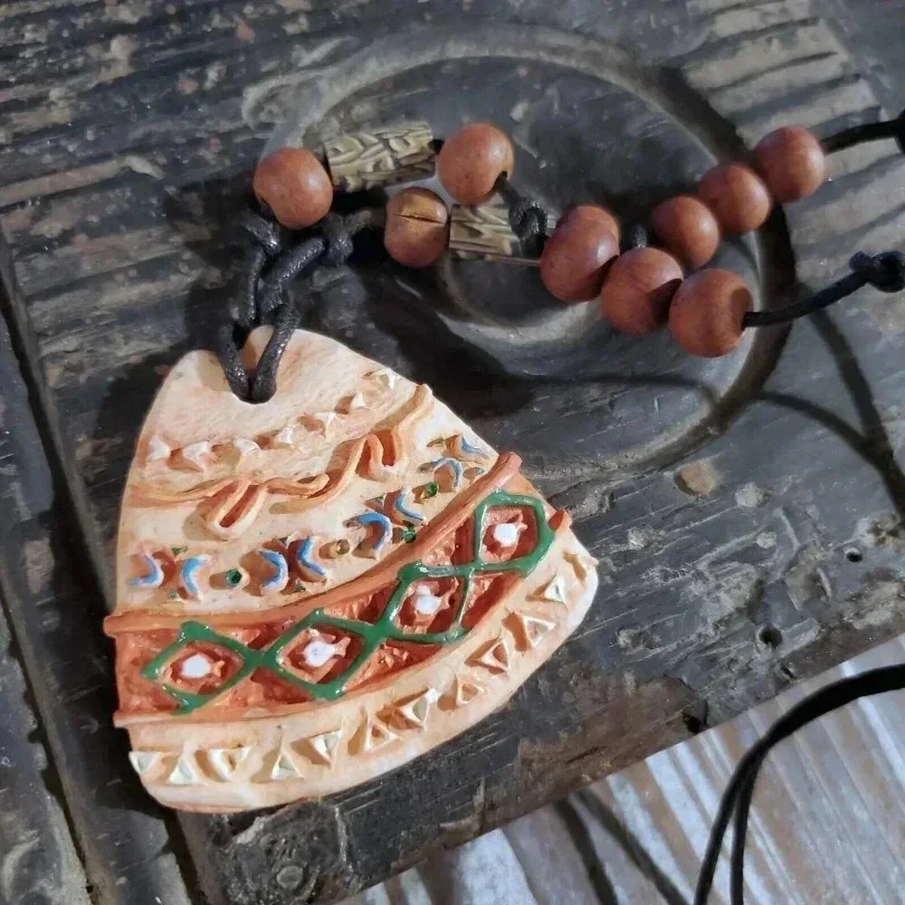 Artisan Rounded Triangle Unglazed Clay Black Cord Multi OOAK Pendant Necklace